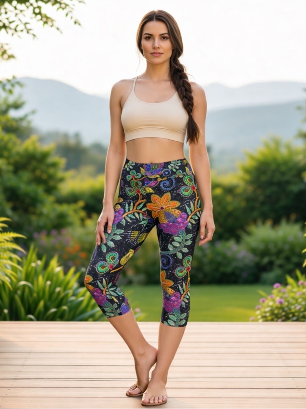 GEAR BUNCH Black Faux Paillette Flower Yoga Capris Elastic Waist Gym Sporty M